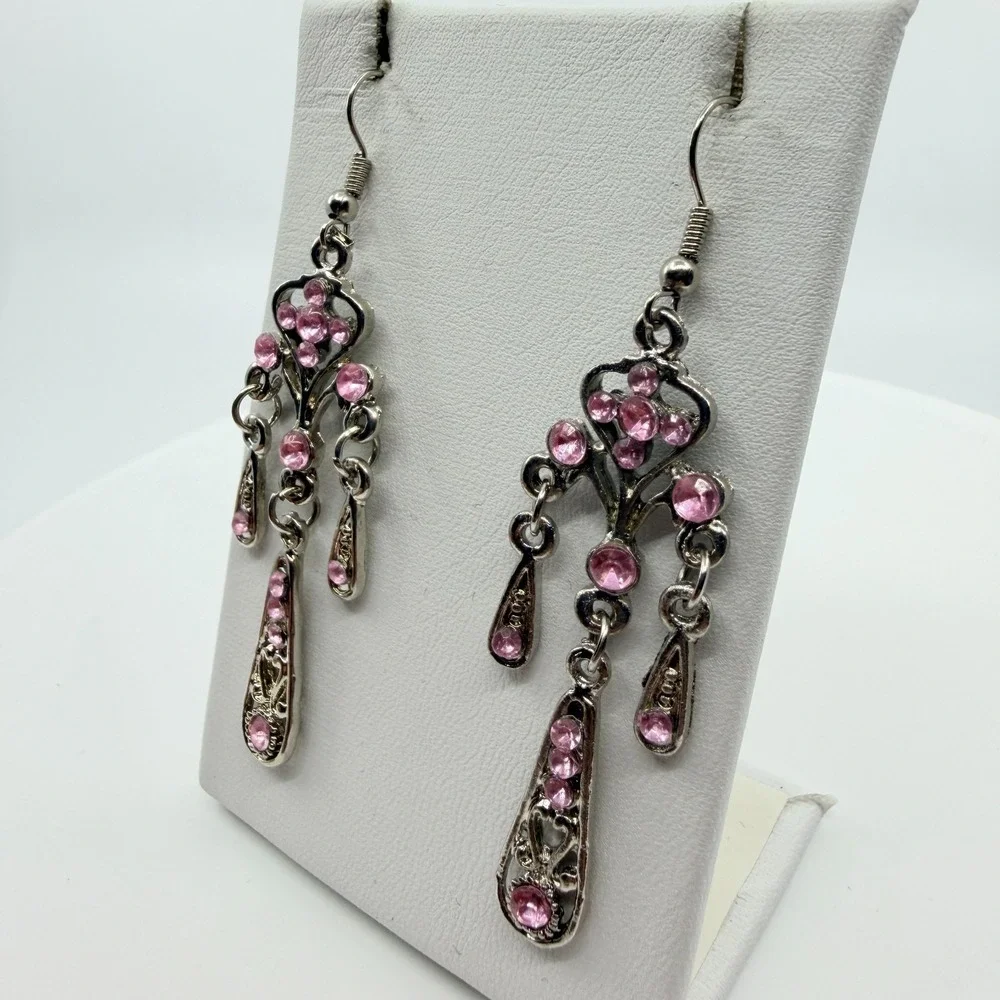 VTG Pink Rhinestone Chandelier Dangle Earrings Silver Tone Goth Fairycore Retro